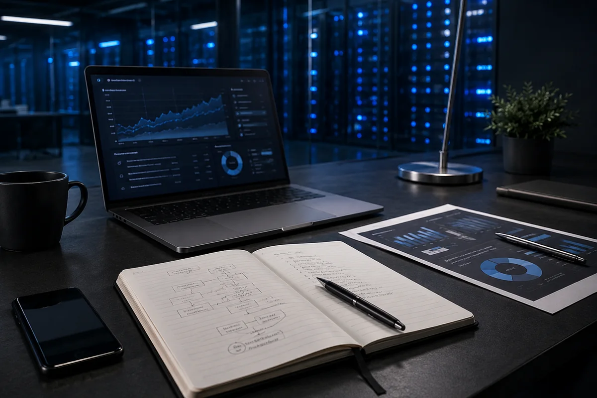 Business planning workspace with analytics, notebook and laptop
