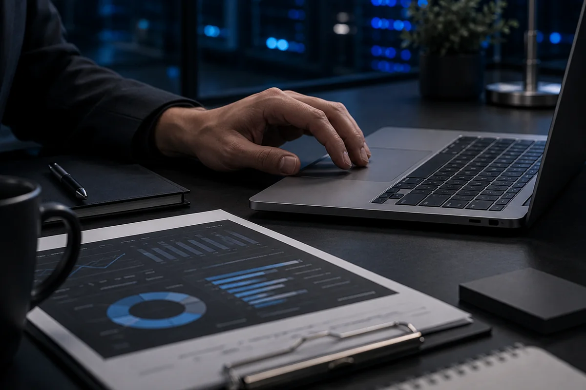 Operational workflow planning with laptop, reporting dashboard and notebook