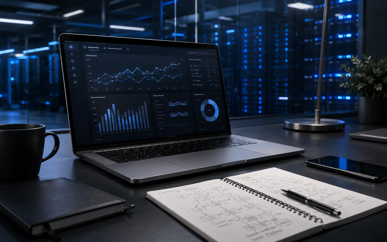 Business analytics workspace with laptop, workflow notebook and secure data infrastructure