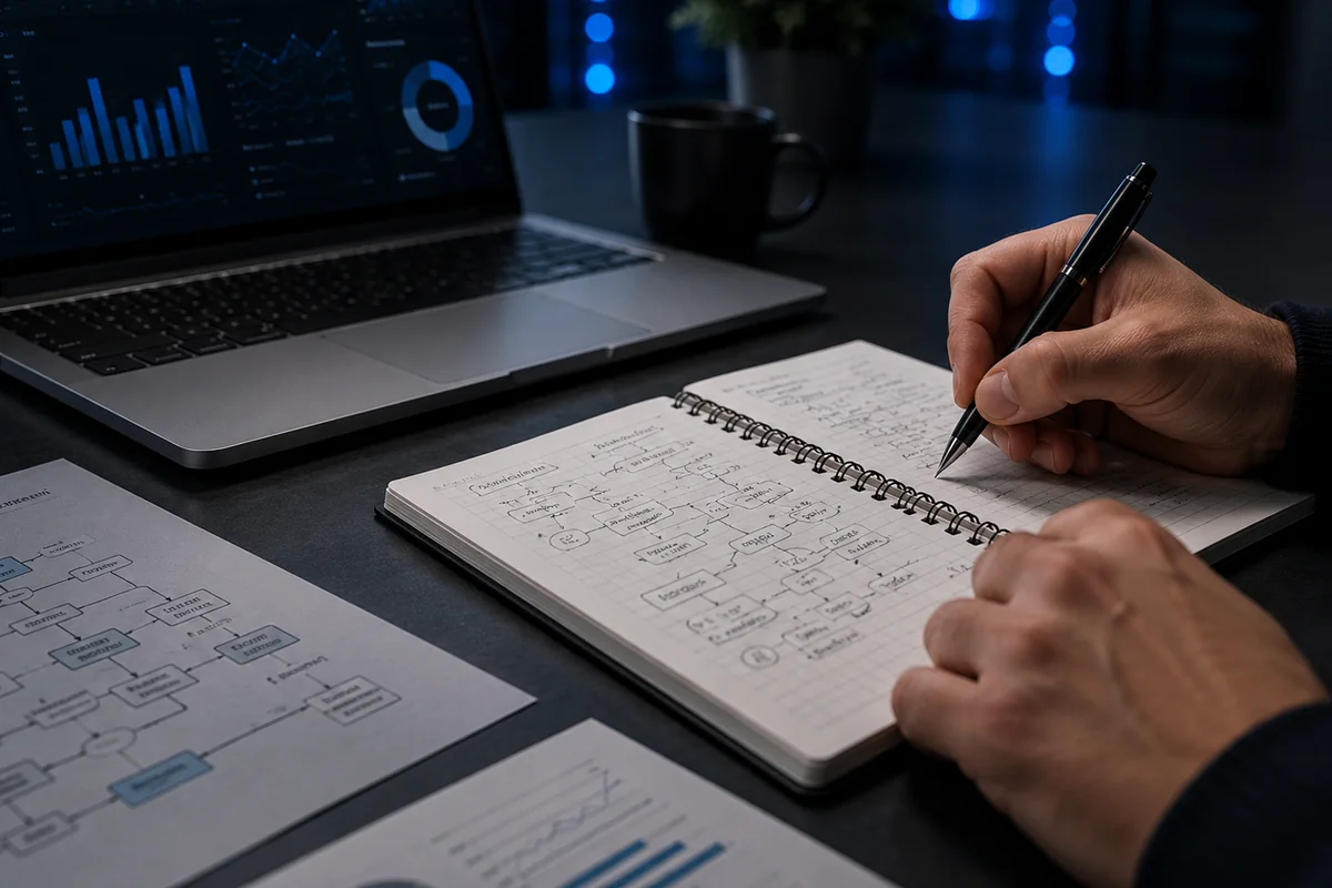 Hands documenting a structured business workflow beside analytics tools