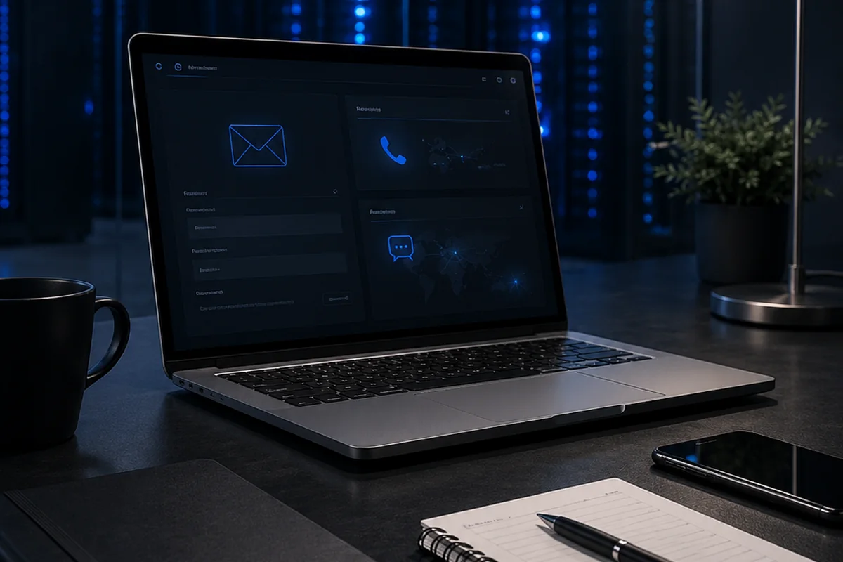 Business professional using a laptop to coordinate digital service workflows